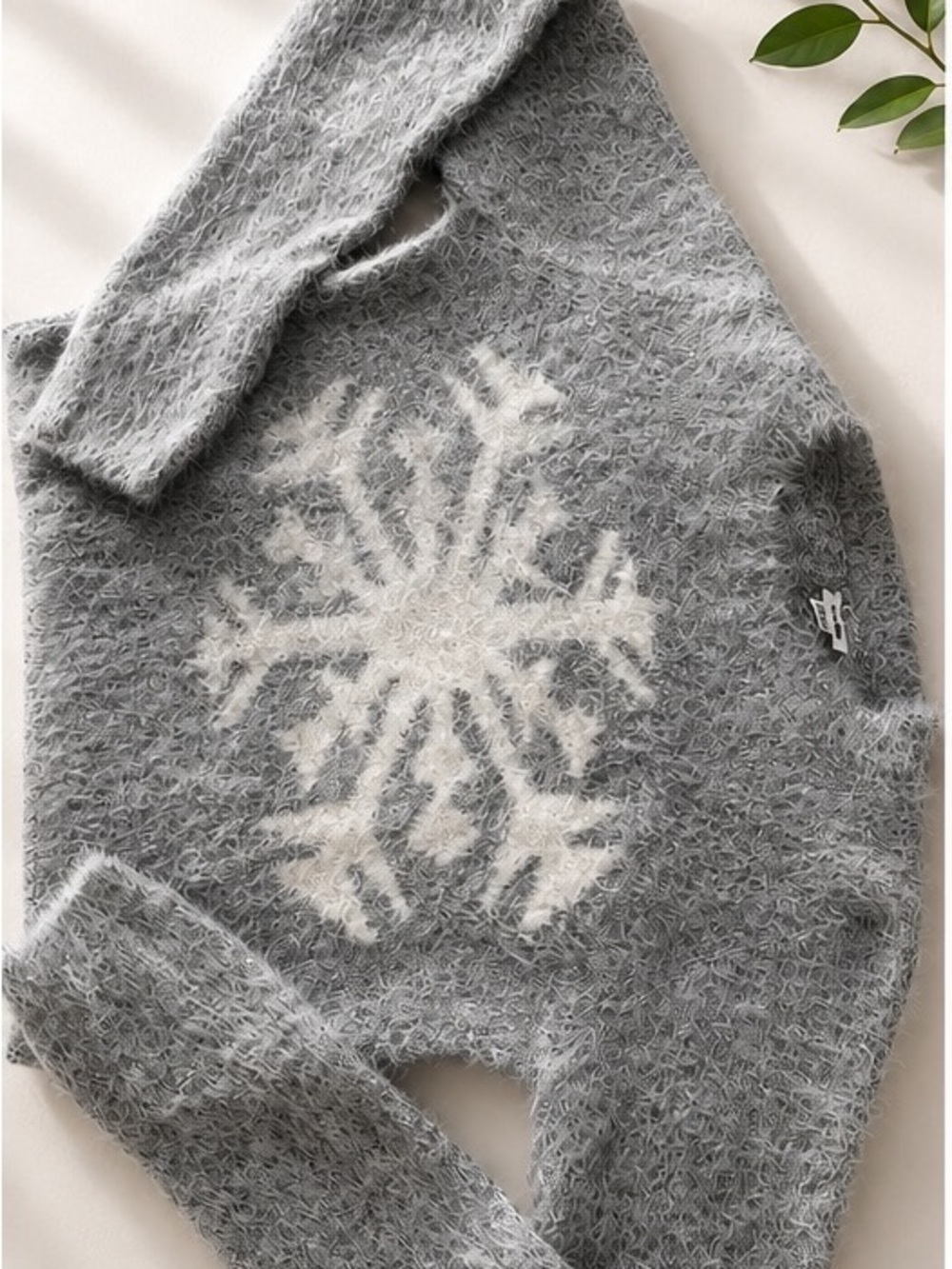 Garage Gray Fuzzy Snowflake Crewneck Sweater with White Accent